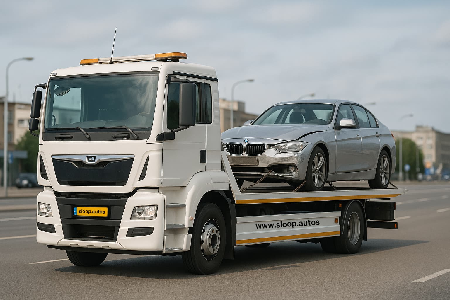 Professional 2ehands.autos tow truck transporting BMW for recycling
